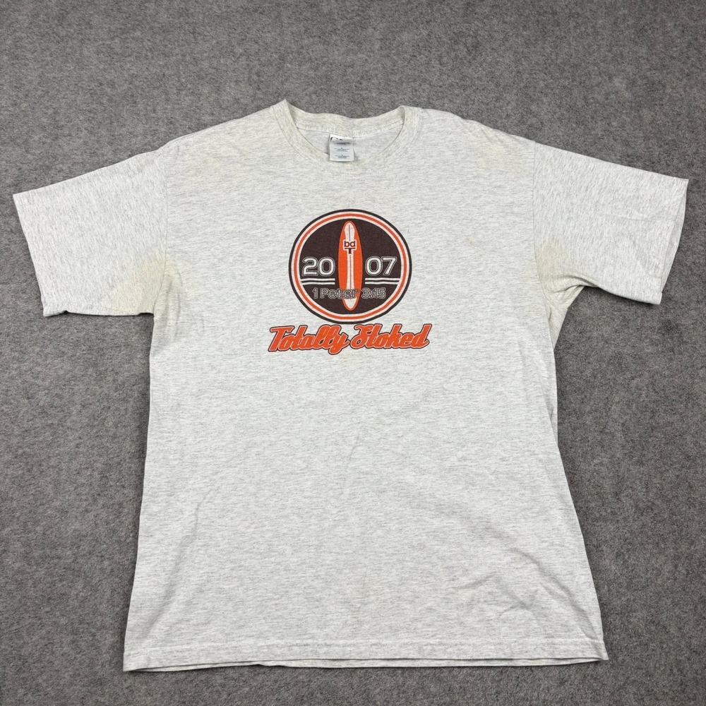 Vintage Y2K Totally Stoked Christian Surfing T Shirt Mens Large Gray Graphic